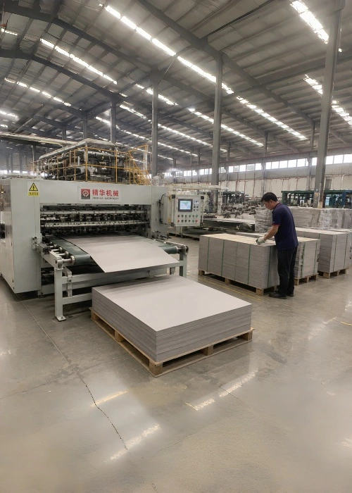 Paperboard sheets being processed by a cutting machine